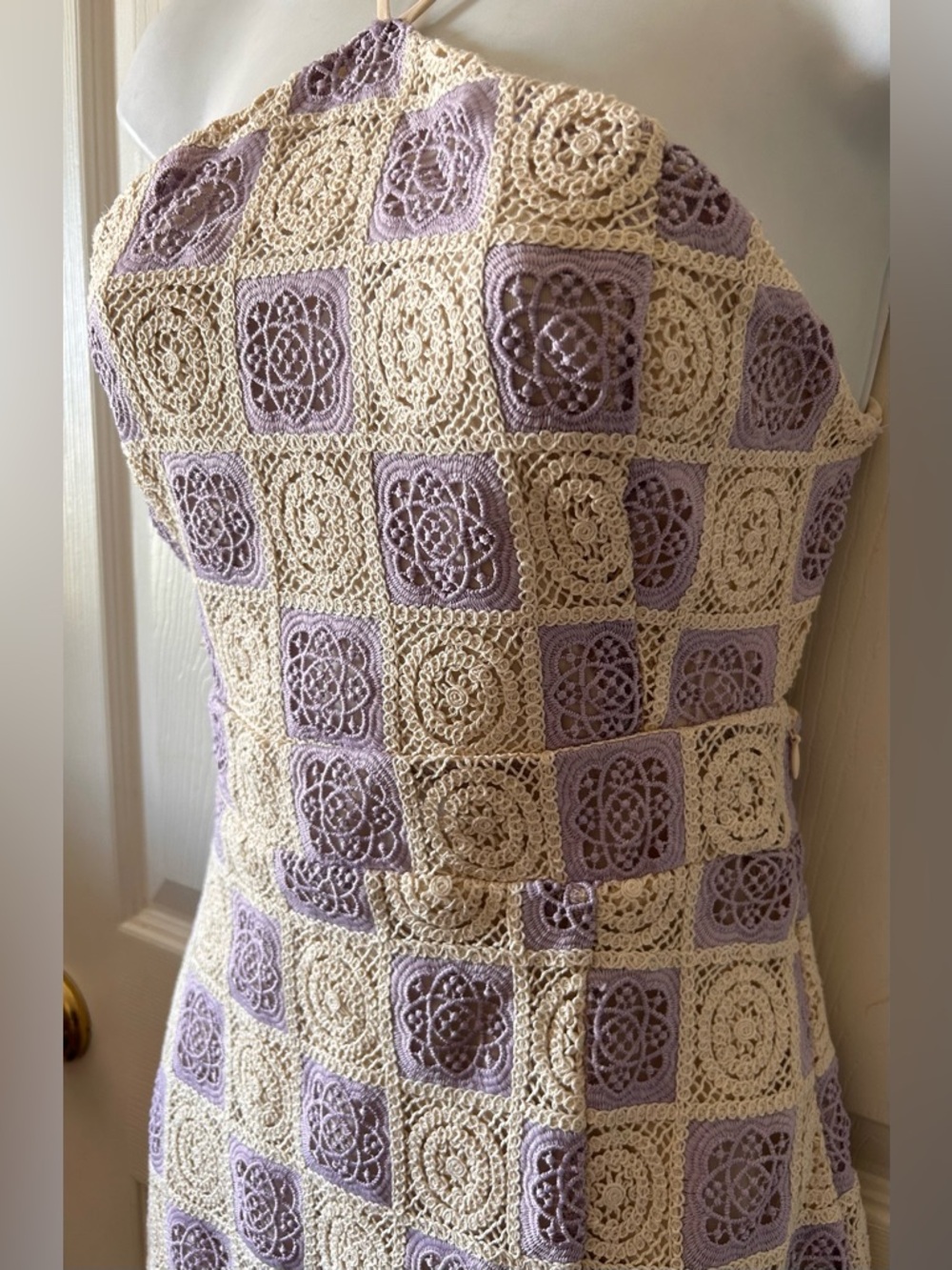 FORE COLLECTION Lilac/Cream Checkered Crochet Halter Dress Spring Wedding Guest‎ - Picture 7 of 13